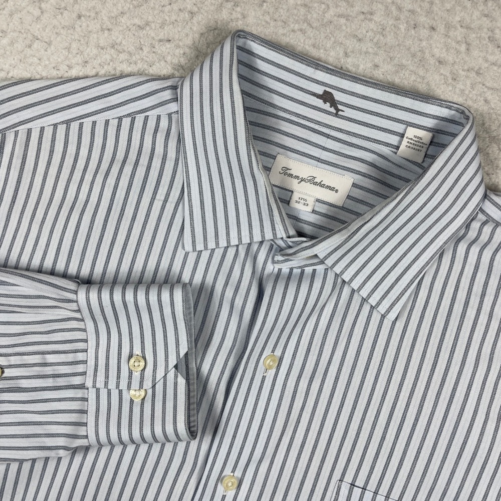 Tommy Bahama Button Down Shirt Mens 17.5 32-33 Blue White Striped Herringbone